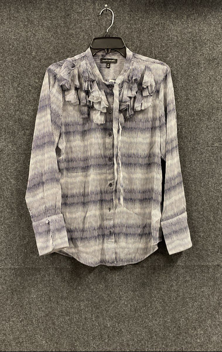 Banana Republic Women's Blouse Blue White Stripe Ruffle Tie Neck Size M