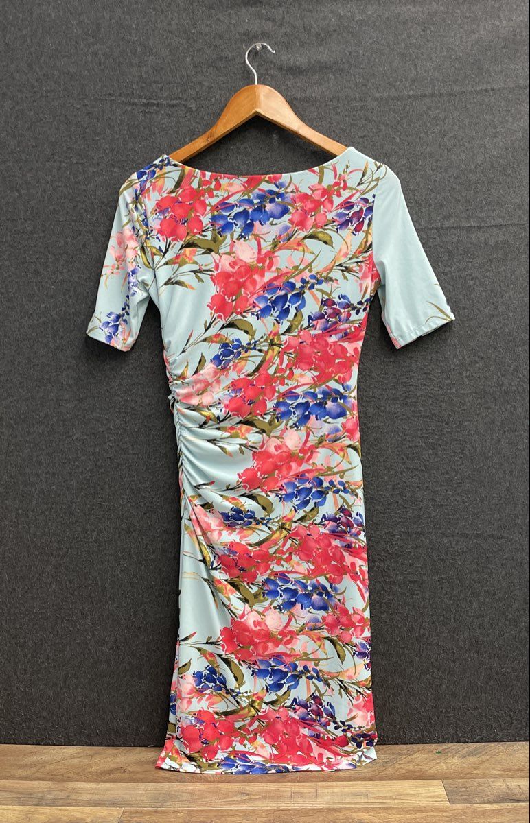 Jones New York Women's Floral Ruched Side Sheath Dress Blue Pink Sz 4