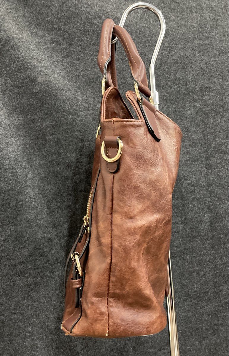 Brown Leather Tote Handbag Distressed Gold Hardware Buckle Accents Purse
