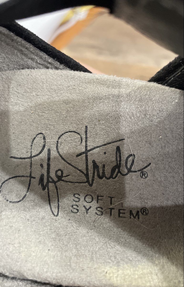 Life Stride Soft System Black Perforated Peep Toe Wedge Sandals Size 7.5M