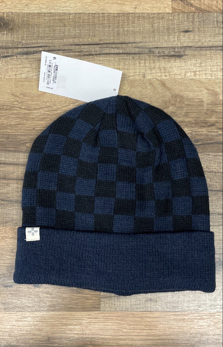 Sun Stone Men's Navy Black Checkerboard Pattern Beanie Knit Hat One Size NWT