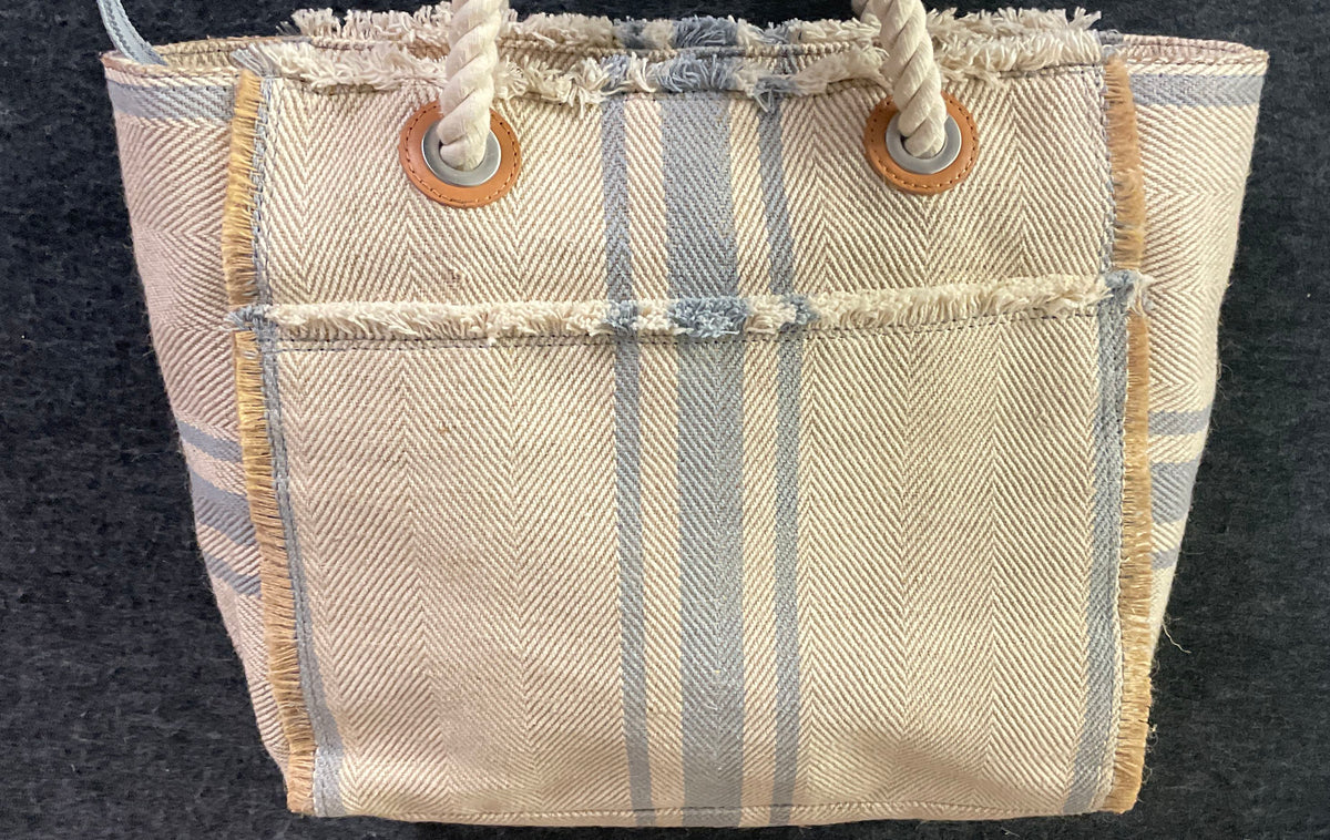 American Leather Co Tan Blue Herringbone Striped Tote Bag Rope Handle Fringe