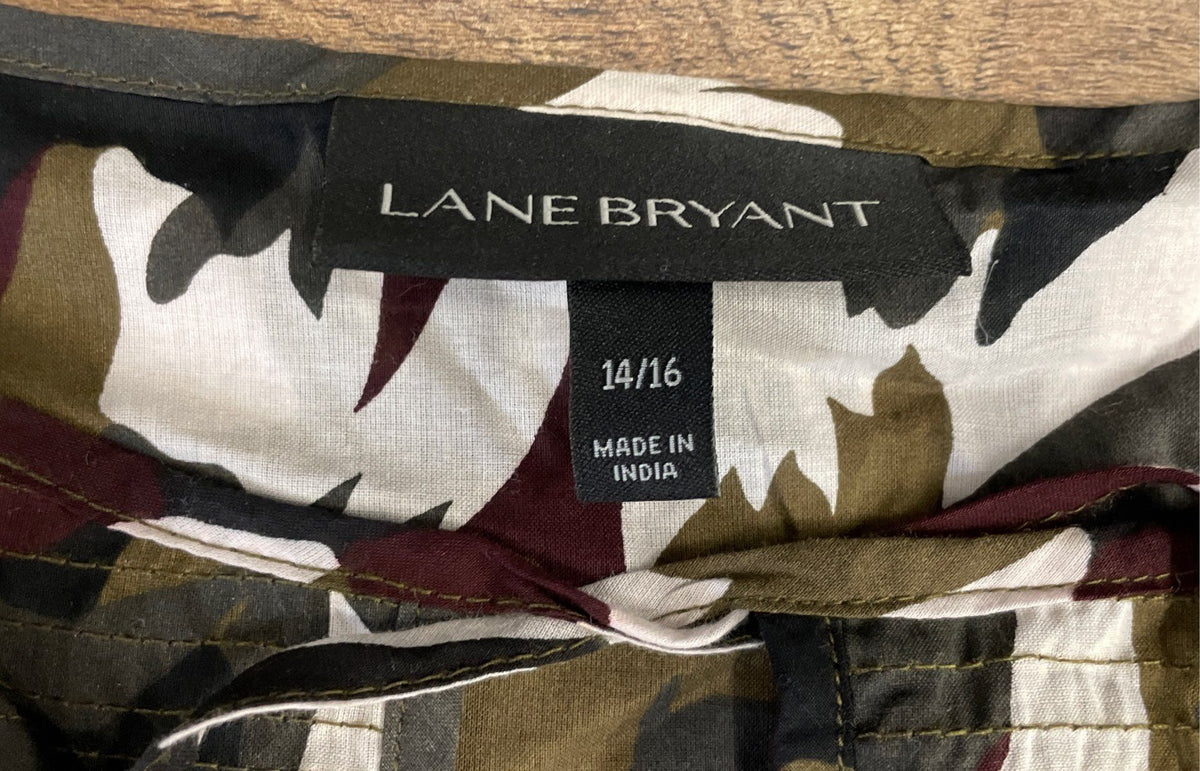 Lane Bryant Women's Camo Print Cotton Boho Peasant Dress Crochet Tassels 14/16