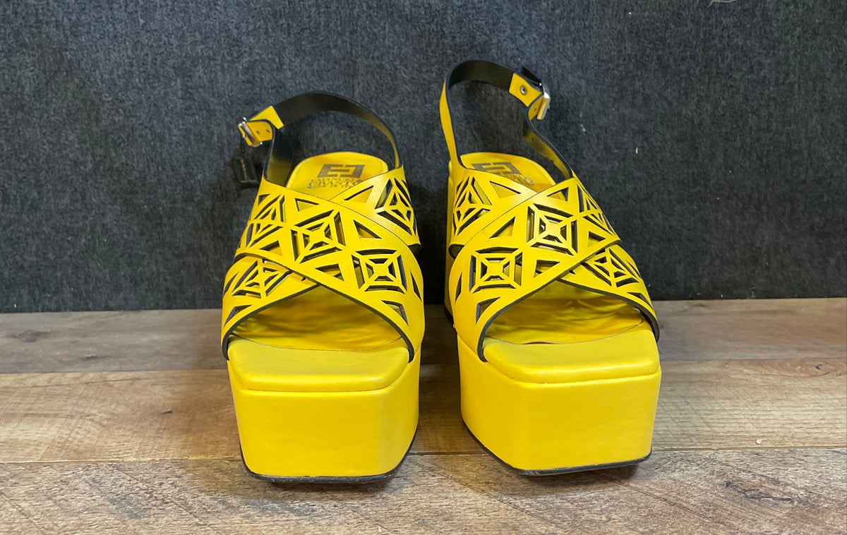 Emanuele Crasto Yellow Leather Cut-Out Platform Heels Made In Italy Size 40