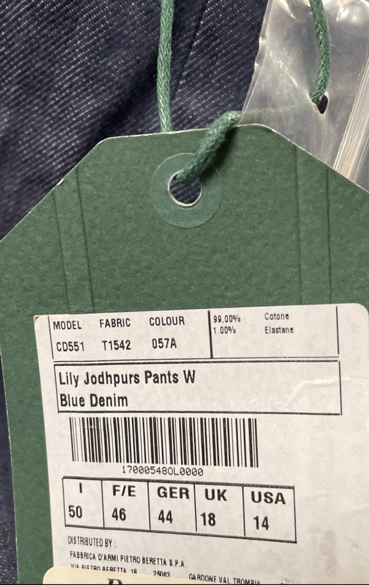 Beretta Women's Lily Jodhpurs Pants Blue Denim Stretch Ankle Button Sz 14 NWT