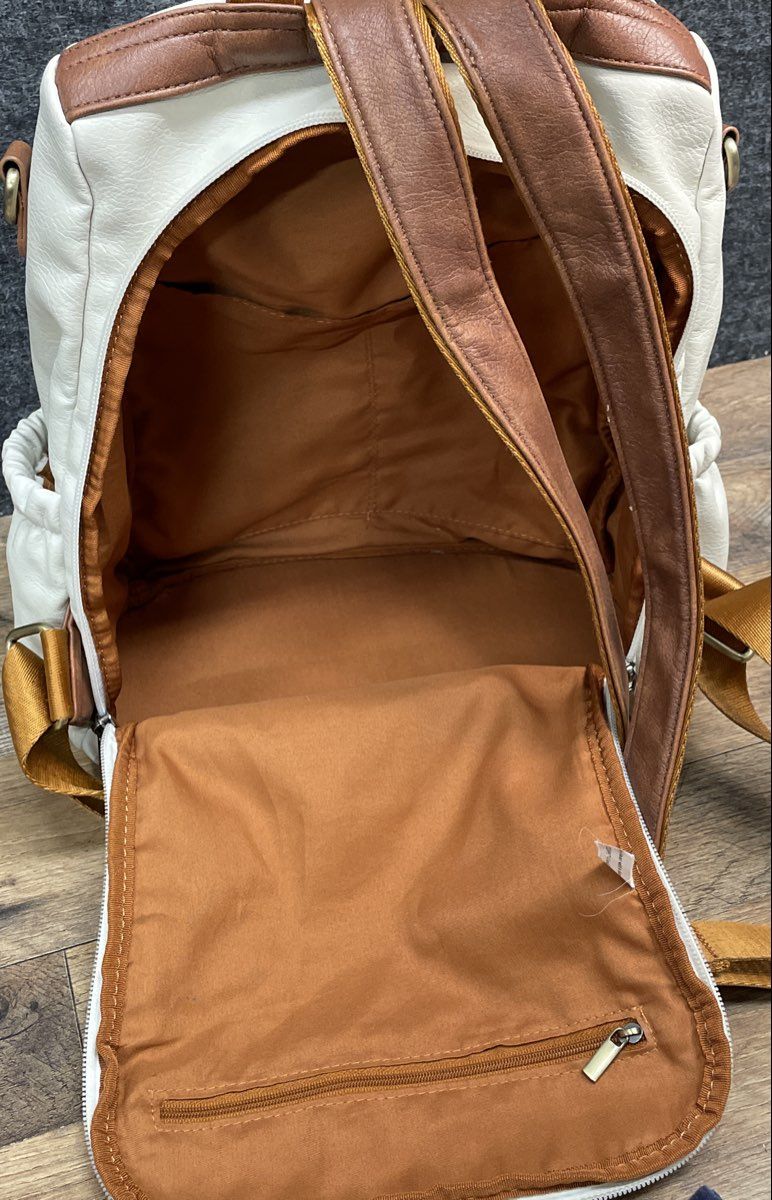 Missnine Cream White Brown Faux Leather Anti-theft Laptop Backpack Travel Bag