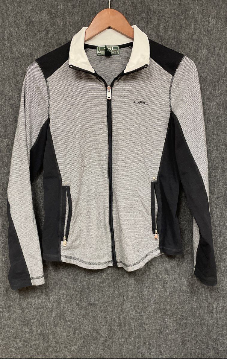 LRL Ralph Lauren Women's Full Zip Track Jacket Gray Black Colorblock Sz M