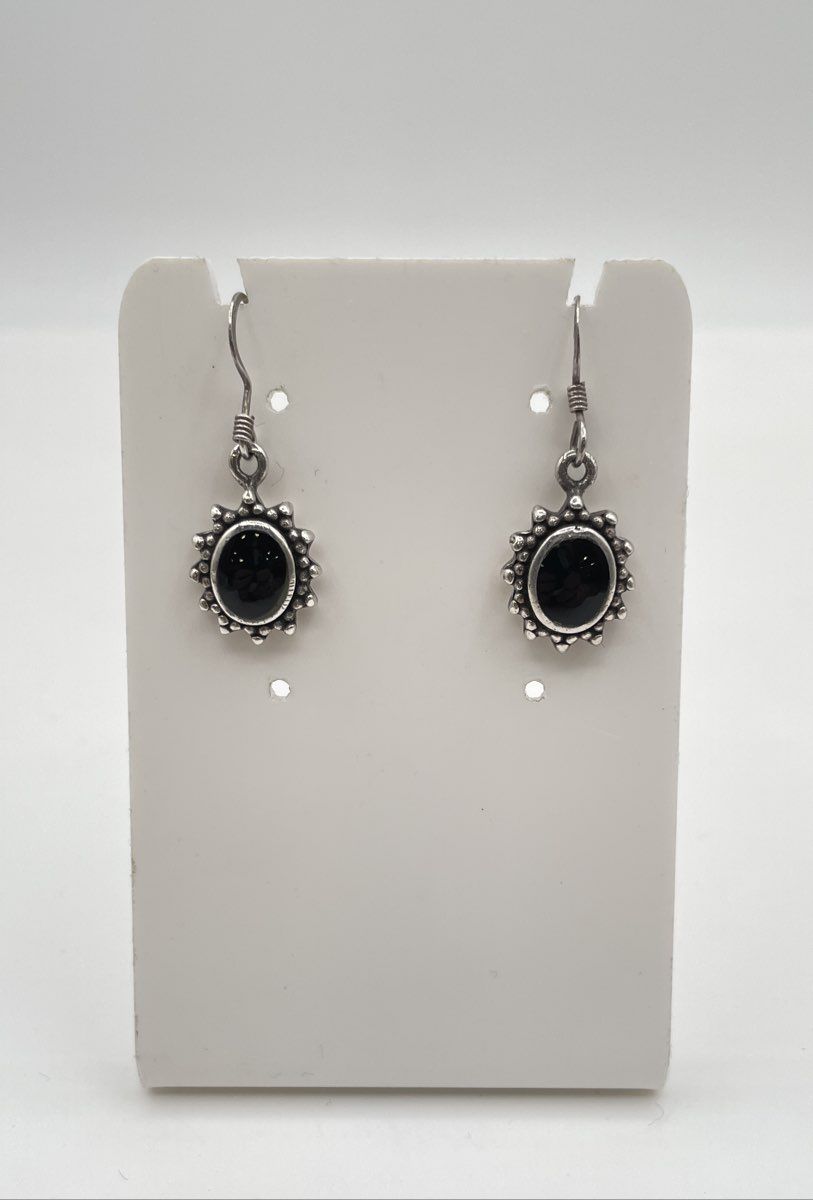 925 Sterling Silver Oval Black Onyx Inlay Granulated Dangle Earrings 6g