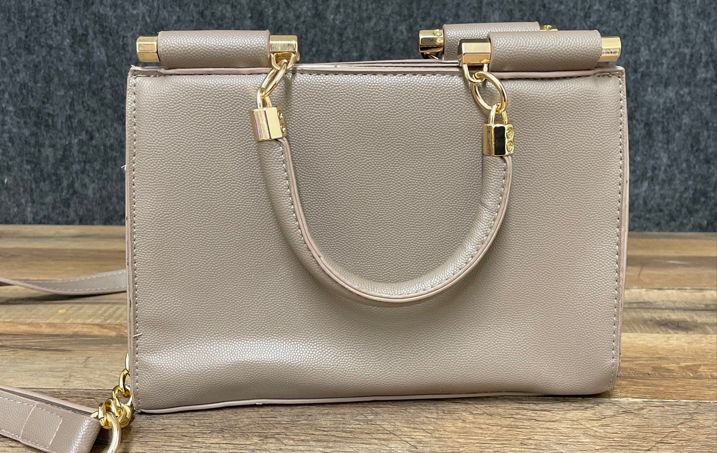 BEBE Taupe Quilted Faux Leather Satchel Crossbody Bag Gold Hardware Card Case