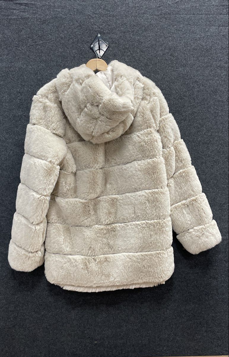 Red Marine Women's Cream Faux Fur Hooded Tiered Paneled Jacket Coat Sz XL