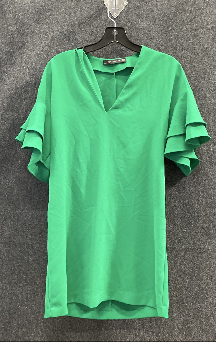 Zara Women's Green Tiered Ruffle Layered Sleeve V-Neck Crepe Blouse Size XS