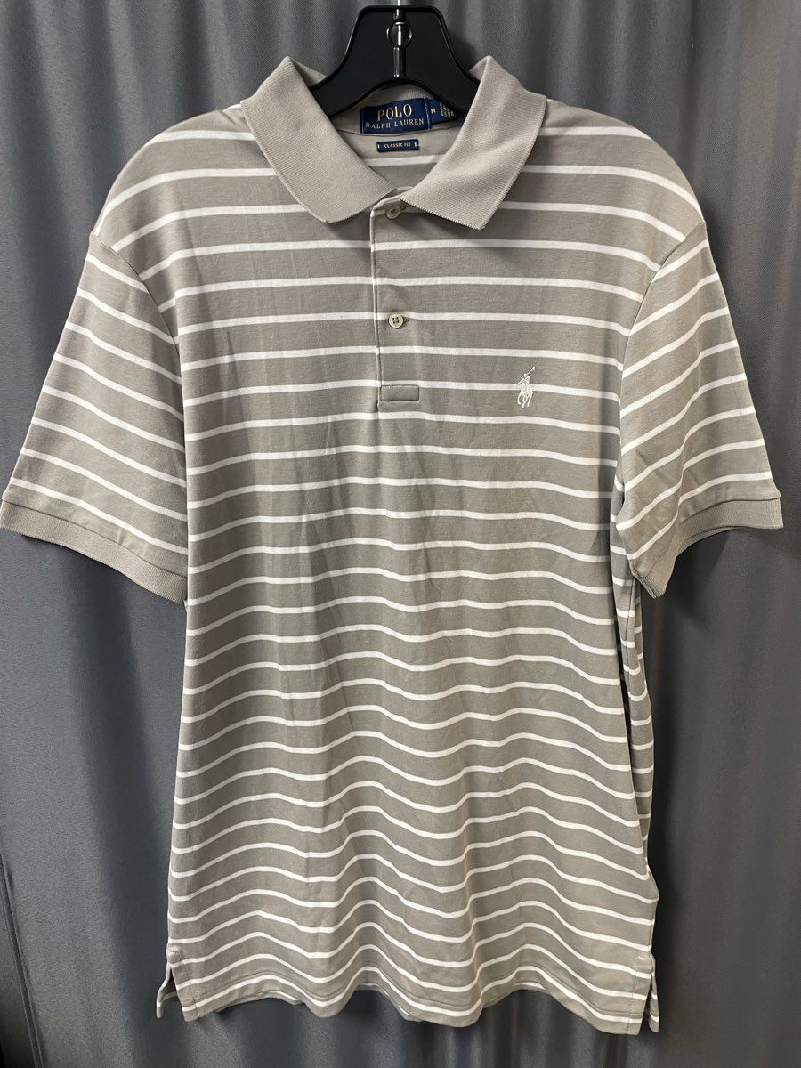 Polo Ralph Lauren Men's Grey White Striped Classic Fit Cotton Polo Shirt Sz M