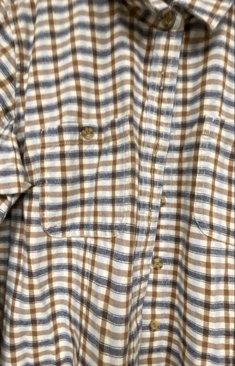 Duluth Trading Co Women's Free Swingin' Flannel Shirt Brown Blue Plaid Sz L