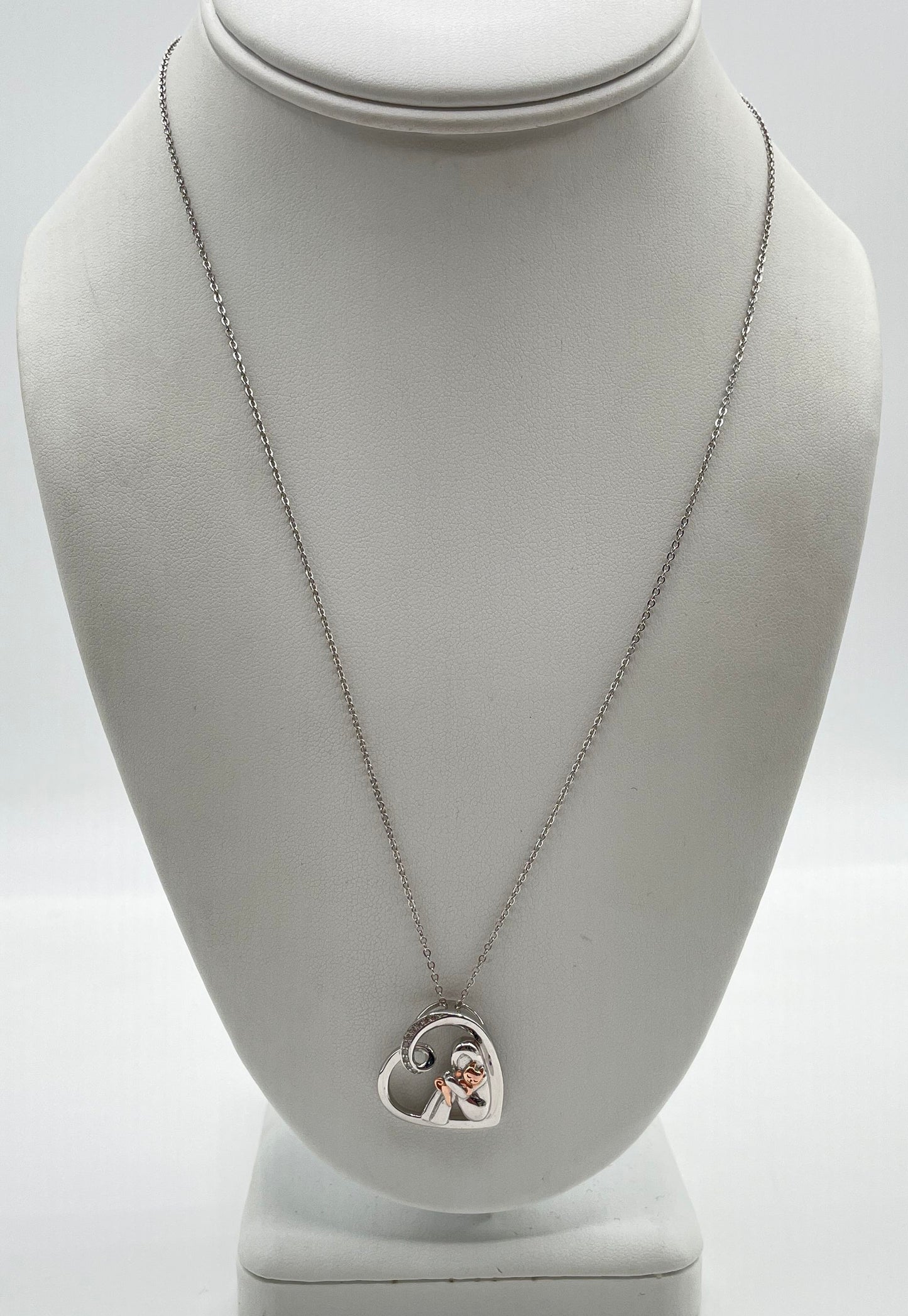 925 Sterling Silver Two-Tone Girl & Cat w/ CZ Heart Pendant Necklace 5.8g