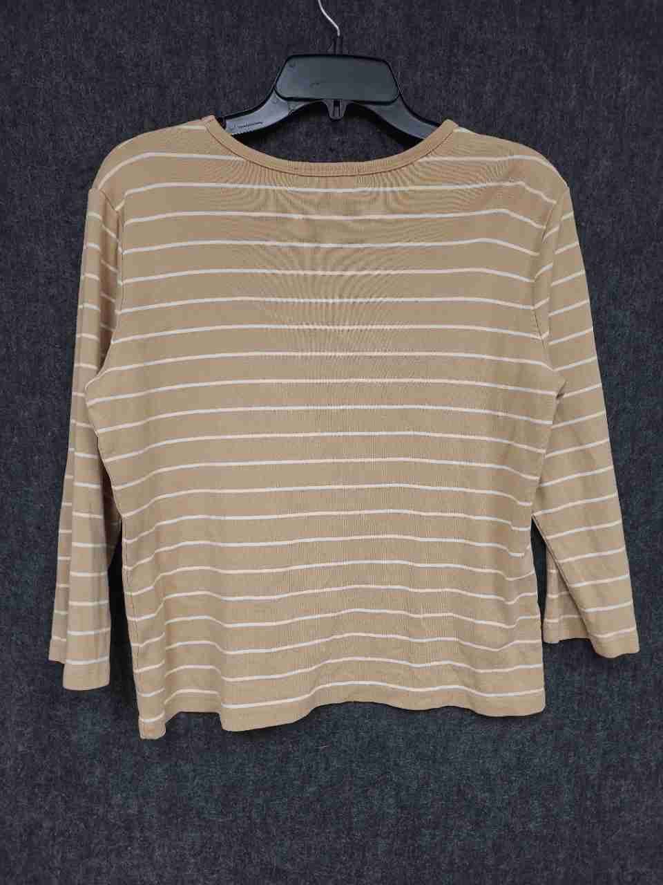 Lauren Ralph Lauren Women's Tan White Striped 3/4 Sleeve Top Sz L