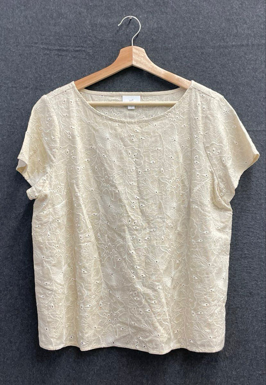 J. Jill Women's Cream Linen Blend Eyelet Short Sleeve Embroidered Top Sz M