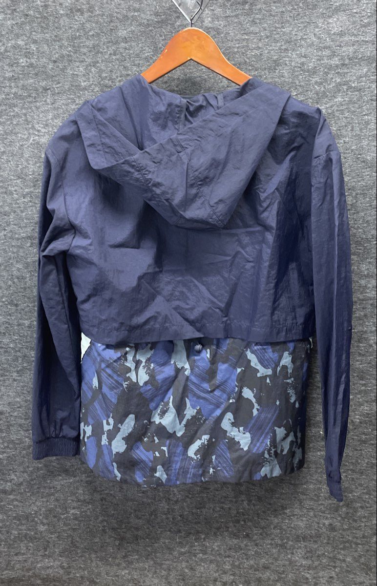 Adidas Women's Navy Blue Camo Graphic Hooded Windbreaker Jacket Full Zip Sz M