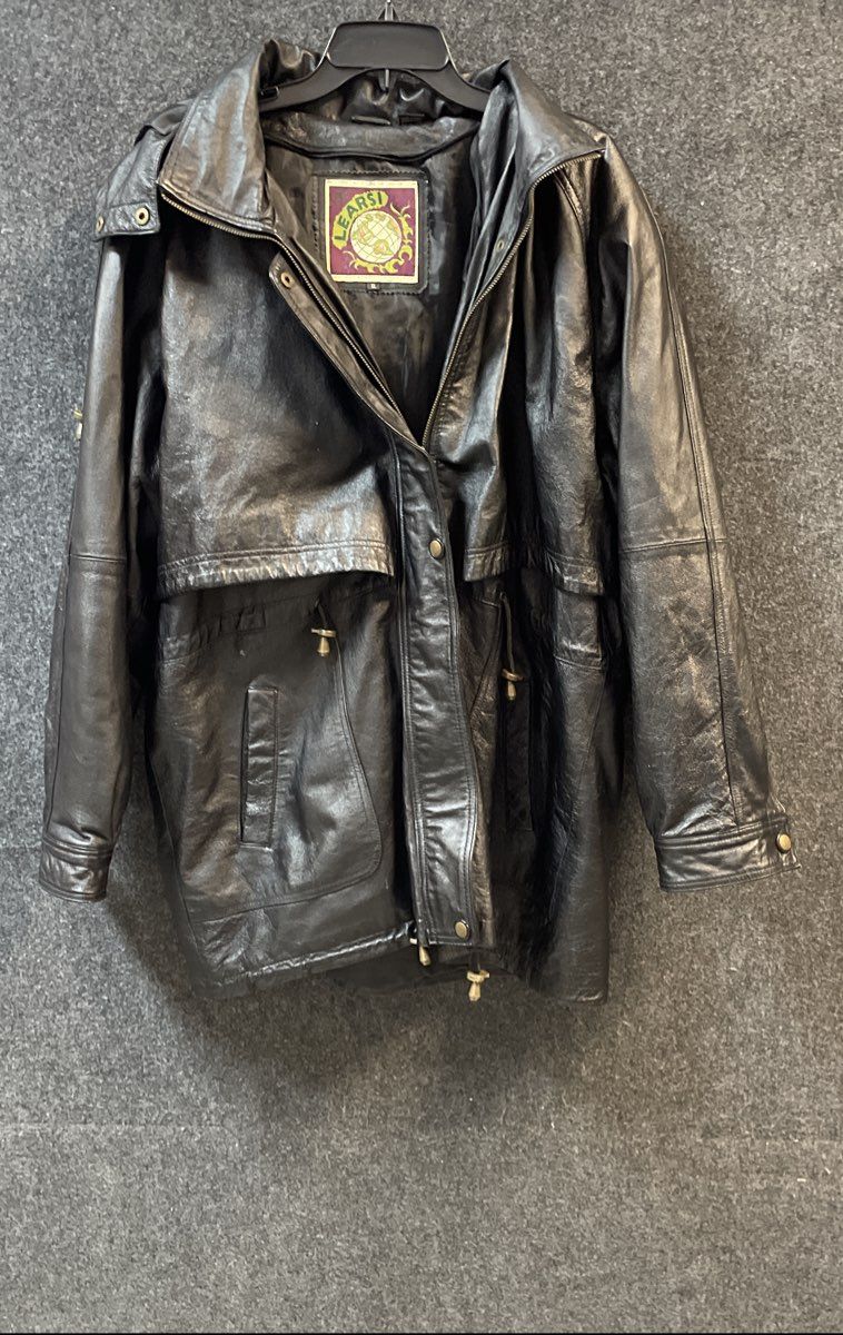 Vintage Y2K Learsi Men's Black Genuine Leather Hooded Parka Jacket Sz XL