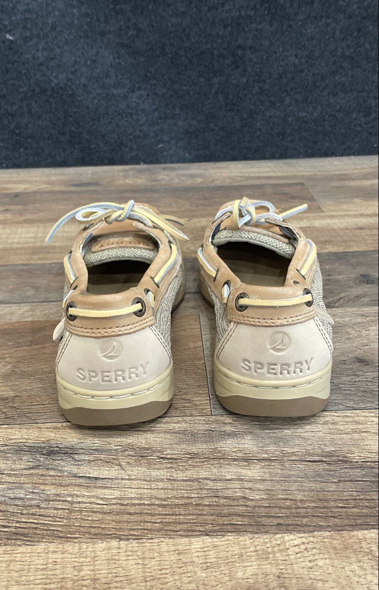 Sperry Angelfish Tan Linen Leather Boat Shoes Women's Size 6.5