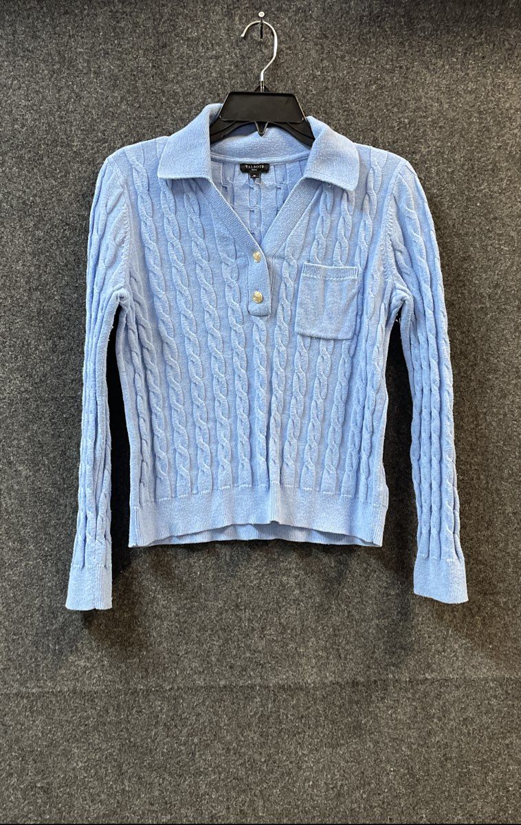 Talbots Women's Blue Cable Knit Polo Sweater Long Sleeve Button Pocket Sz SP