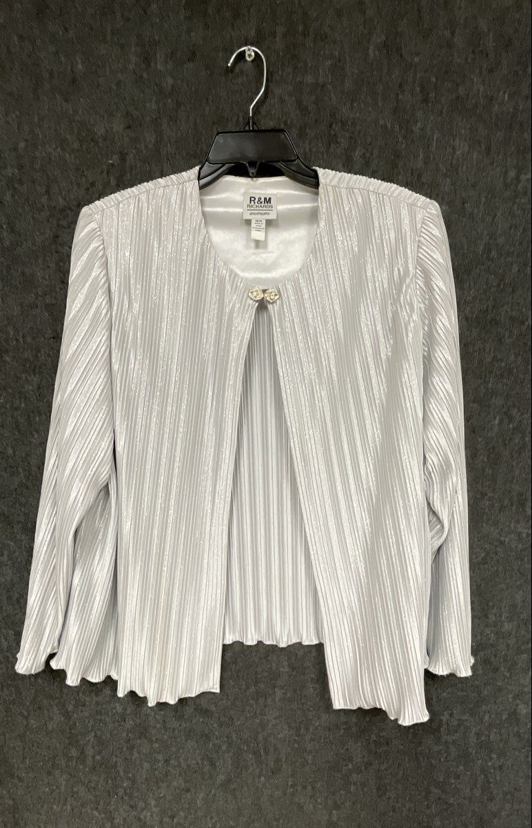 R&M Richards Women's Silver Metallic Pleated 2-Piece Jacket & Shell Set Sz 16W
