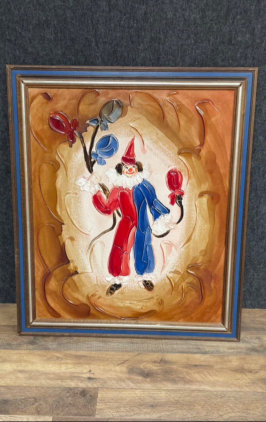 Ari Ben Tal Sculptured Acrylic Painting Harlequin Clown Vintage 28x24 Framed