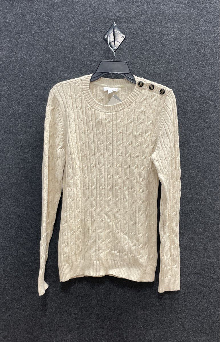 Charter Club Womens Cream Gold Metallic Cable Knit Shoulder Button Sweater L NWT