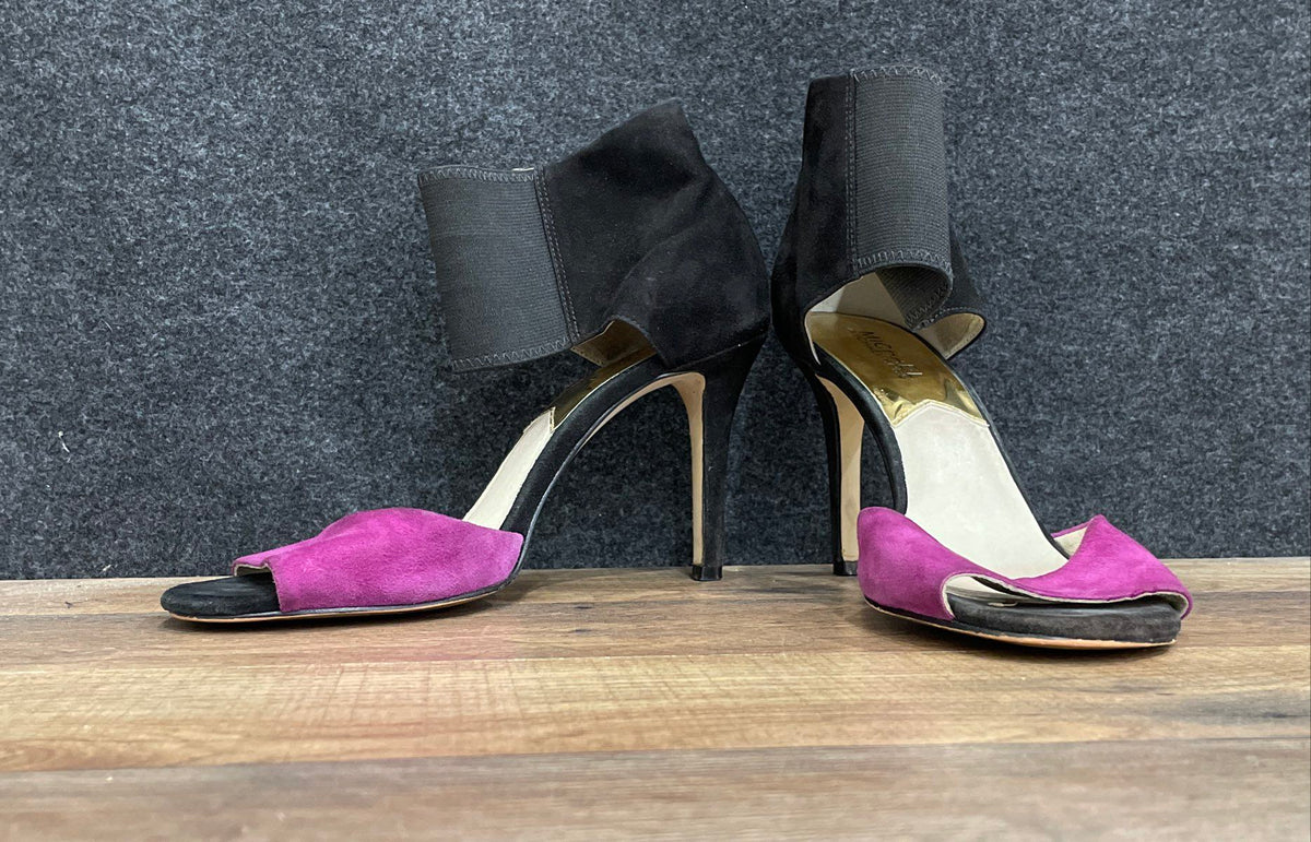 Michael Kors Suede Ankle Wrap Black Purple Stiletto Heels Women's Size 8M