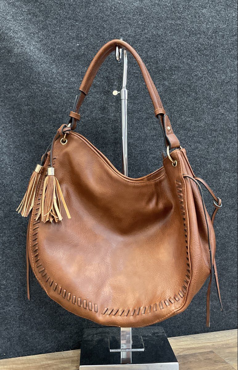 Cognac Brown Leather Hobo Shoulder Bag Tassel Woven Stitch Detail Large