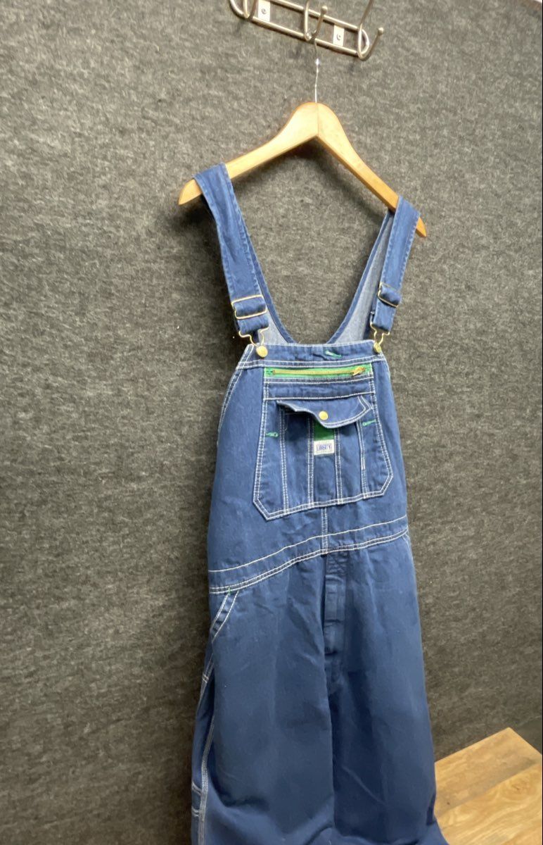 Liberty Men's Blue Denim Bib Overalls Green Zipper Carpenter Workwear