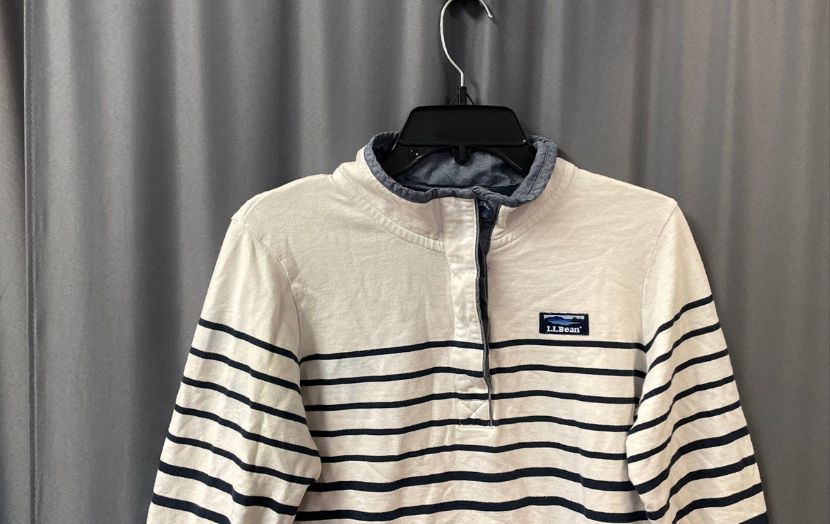 LL Bean Women's White Navy Blue Striped Long Sleeve Polo Rugby Shirt Sz M