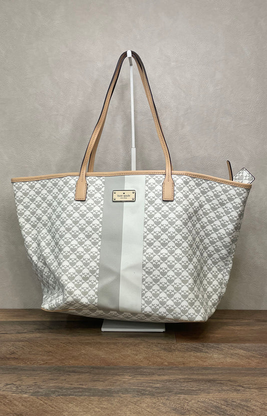 Kate Spade New York White Grey Geometric Spade Pattern Tote Bag Tan Trim