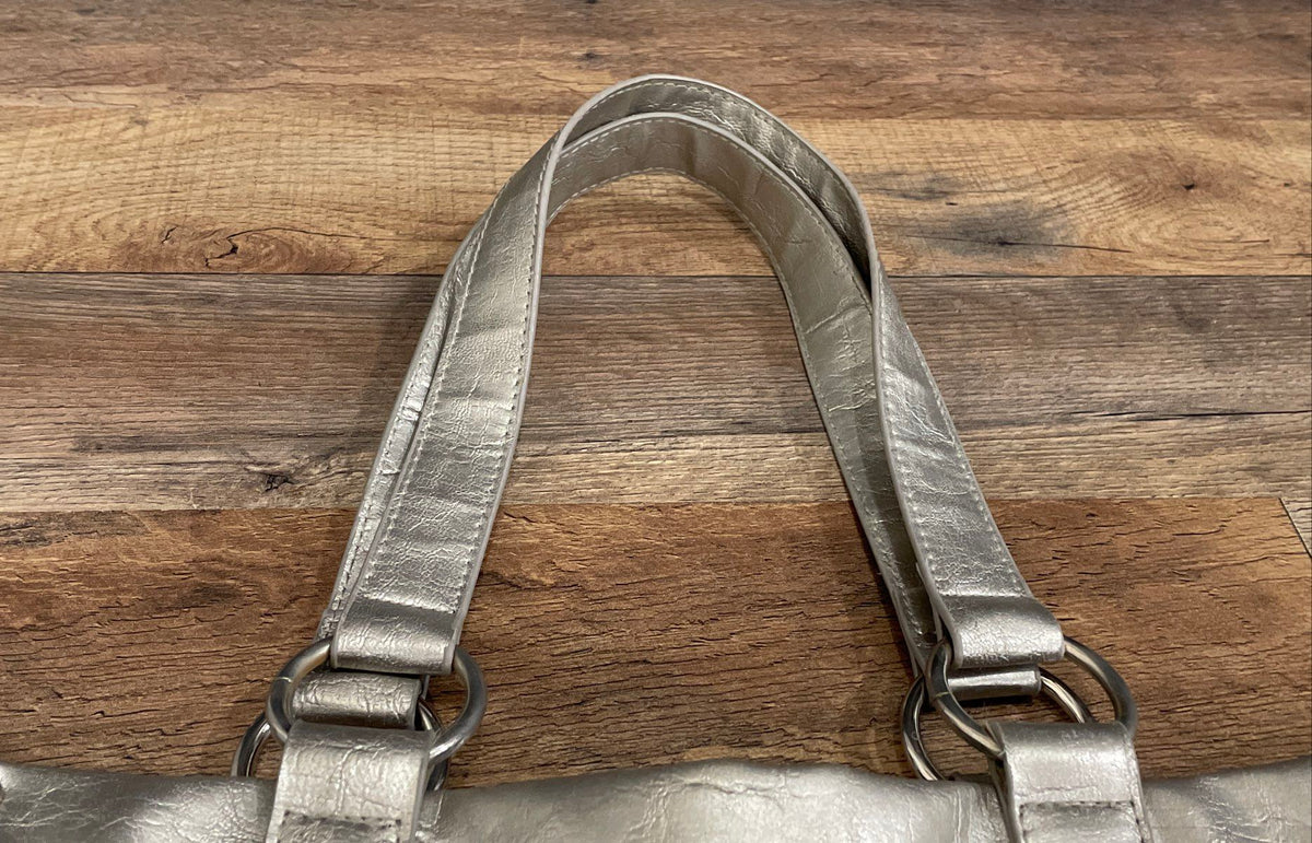 Metallic Grey Leather Studded Trim Shoulder Tote Bag Silver Tone Hardware