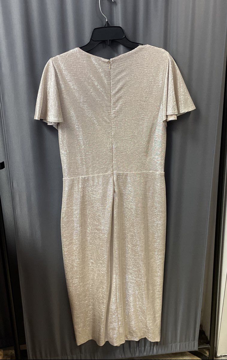 Lauren Ralph Lauren Women's Metallic Faux Wrap Dress Champagne Silver Sz 14