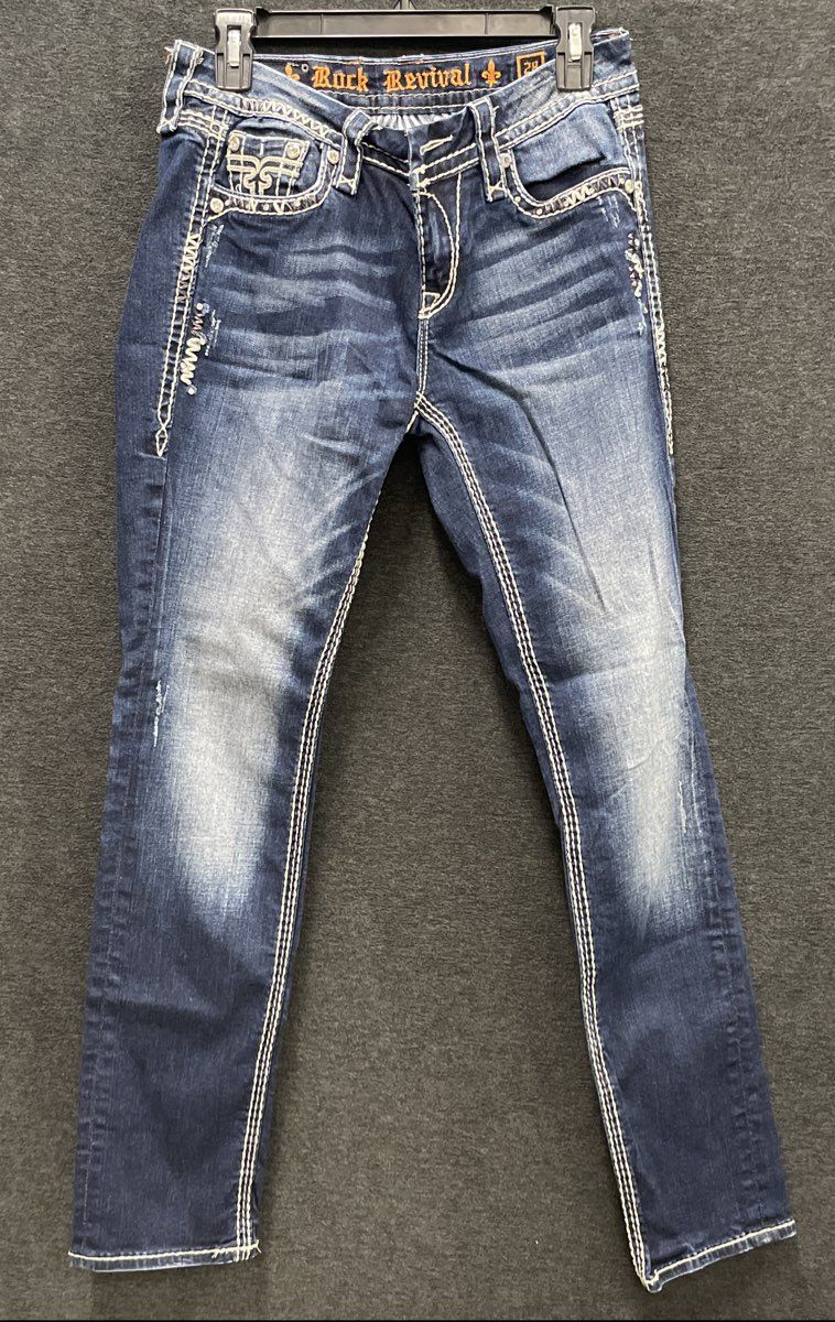 Rock Revival Women's Kai Easy Skinny Jeans Dark Wash Distressed Thick Stitch 28