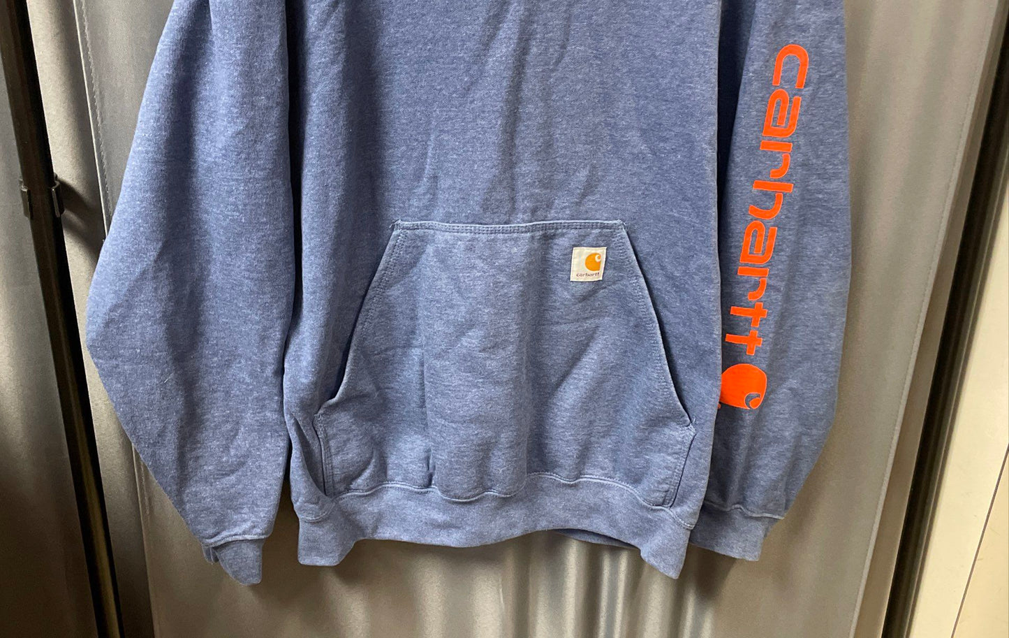 Carhartt Men's Blue Original Fit Pullover Hoodie Orange Sleeve Logo Size L