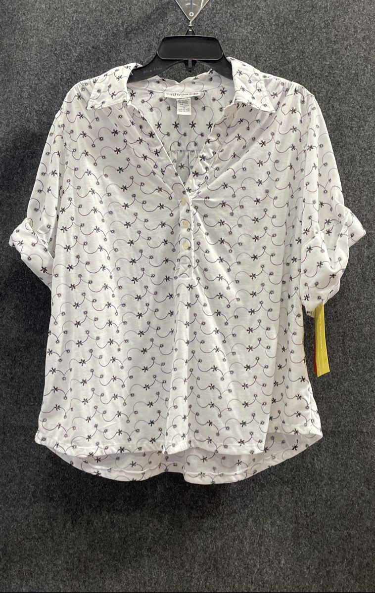 Cathy Daniels Women's White Black Floral Embroidered Polo Collar Shirt Sz 1X NWT