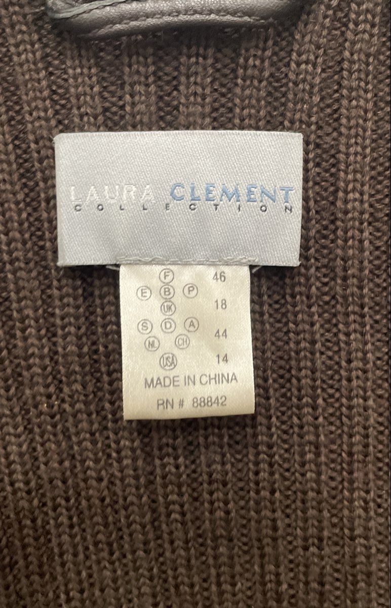Laura Clement Women's Brown Lambskin Leather Ribbed Wool Full Zip Jacket 14