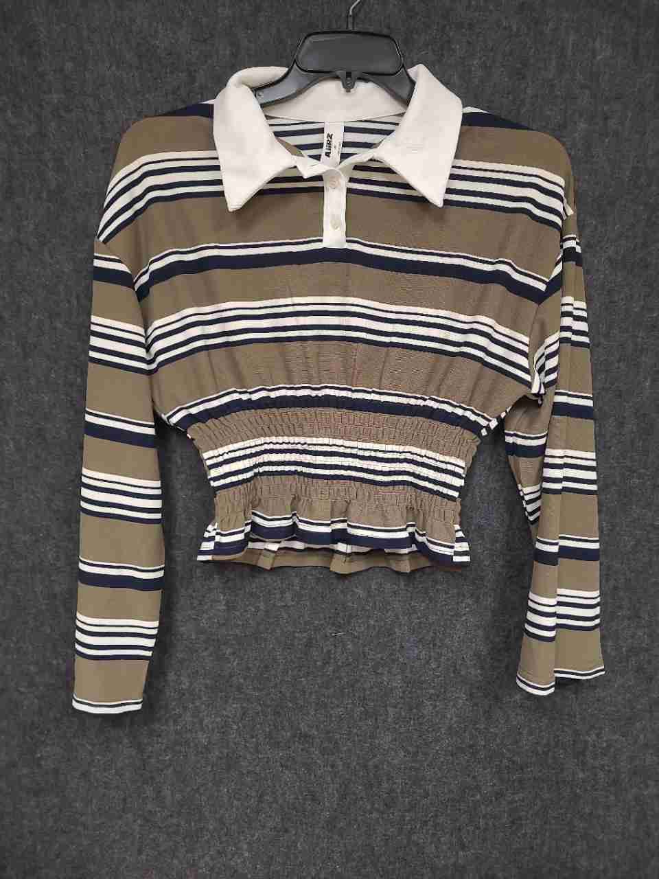 Aiirz Women's Striped Long Sleeve Polo Cropped Top Olive Navy Smocked Waist XS