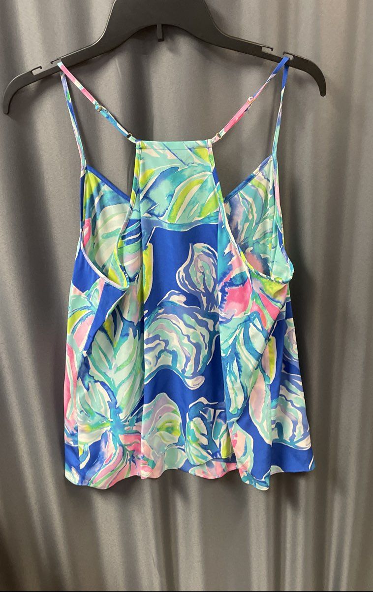 Lilly Pulitzer Women's Dusk 100% Silk Racerback Cami Tank Top Blue Floral Sz L