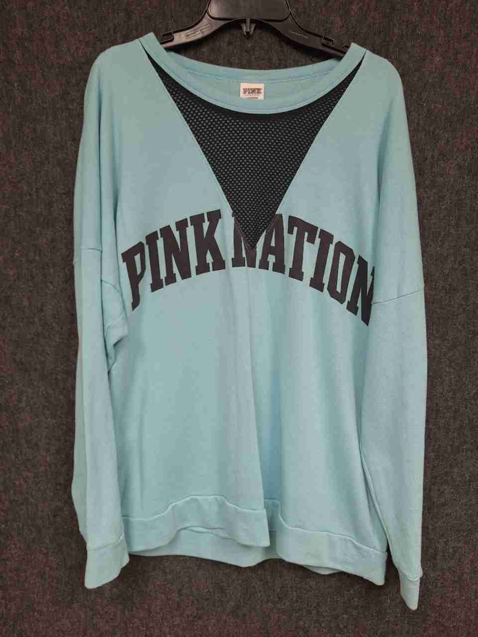 Victoria's Secret PINK Women's Aqua Mesh V-Neck Pink Nation Sweatshirt Sz L