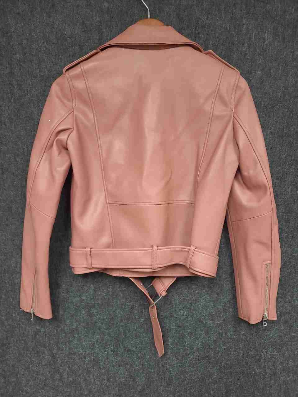 Zara Women's Faux Leather Moto Biker Jacket Blush Pink Belted Size S