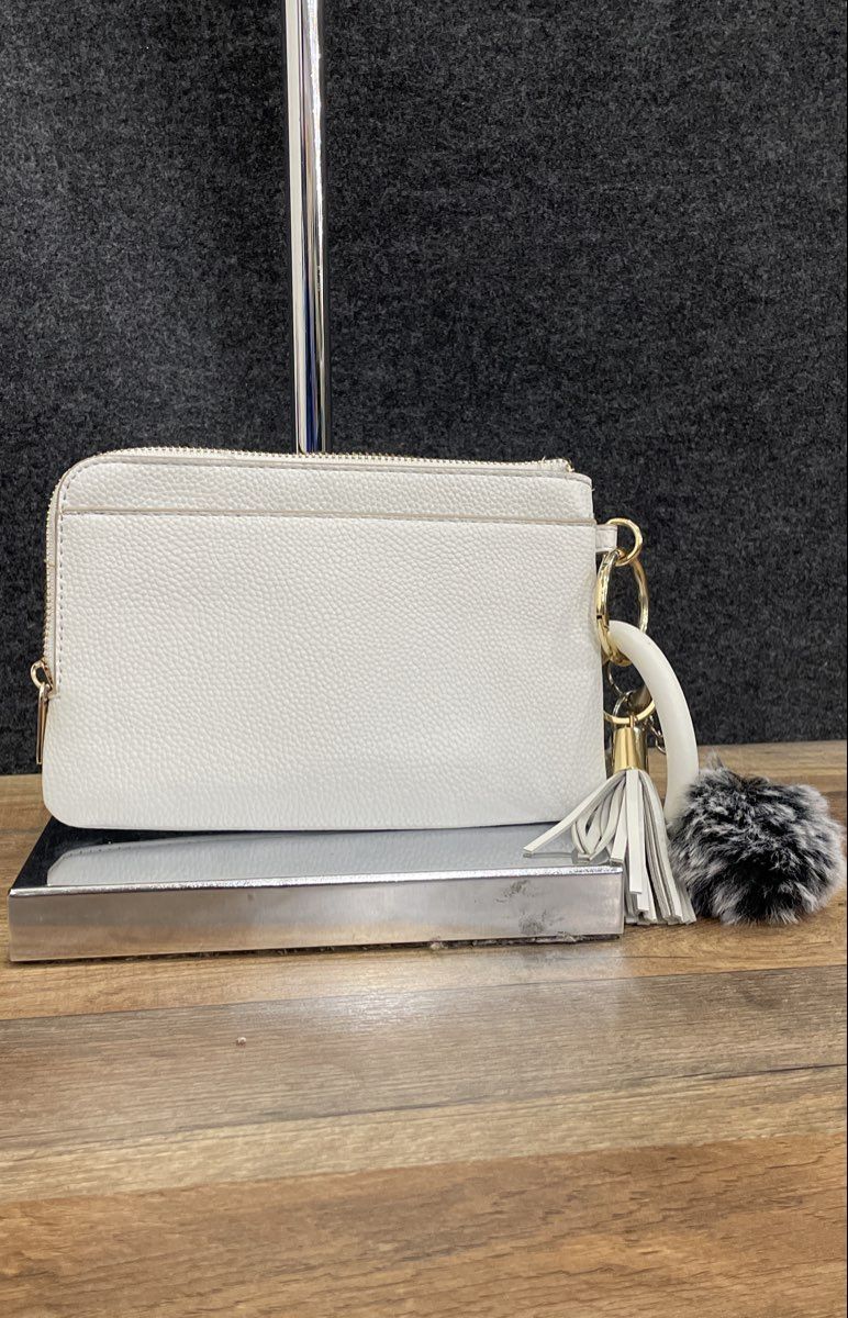 Nanette Lepore White Leather Wristlet Clutch Pouch Bangle Handle Pom Pom Tassel