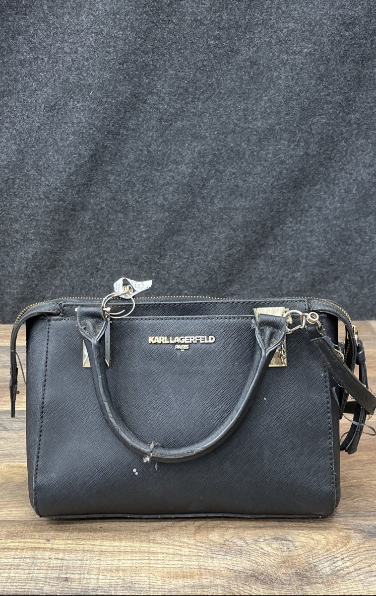 Karl Lagerfeld Paris Black Saffiano Leather Satchel Handbag Gold Hardware