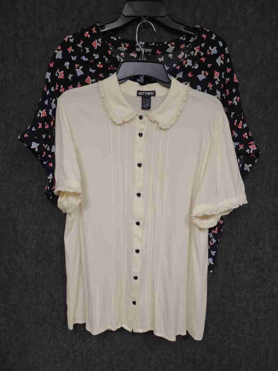 Hot Topic Women's Mushroom Print & Cream Heart Button Ruffle Blouse Lot Sz XXL
