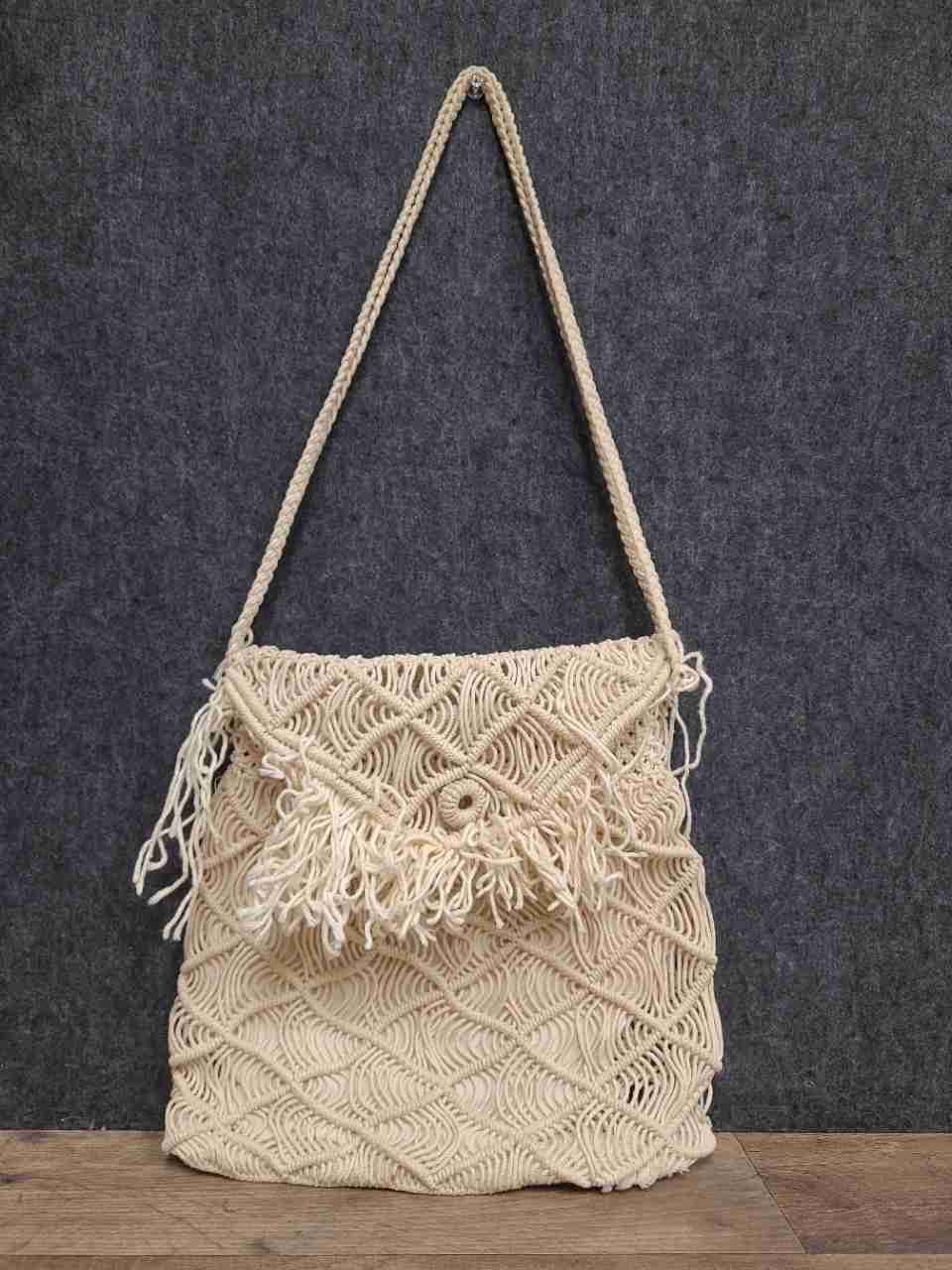 Vintage Cream Macrame Boho Shoulder Bag Fringe Knotted Cotton 70s Style