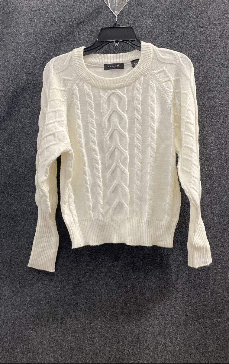 Tahari Women's White Cable Knit Viscose Crew Neck Sweater Sz S NWT