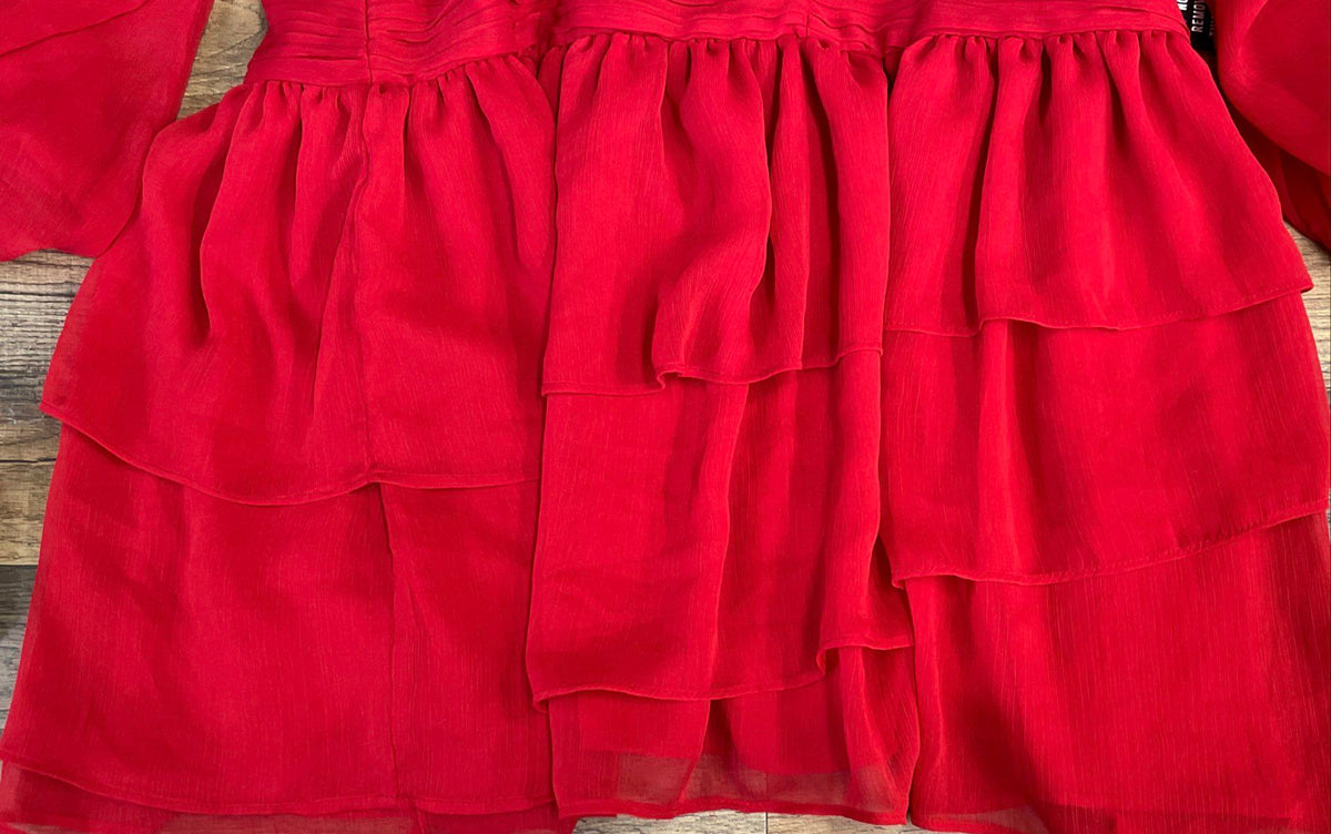 Express Women's Red Ruffled Ruched High Neck Bishop Sleeve Dress NWT Sz 10