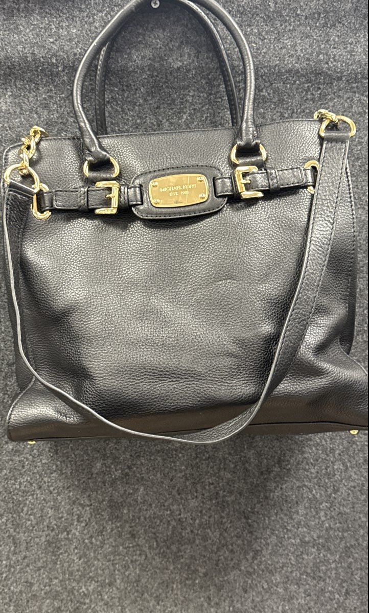 Michael Kors Black Pebbled Leather Hamilton Satchel Tote Bag Gold Hardware