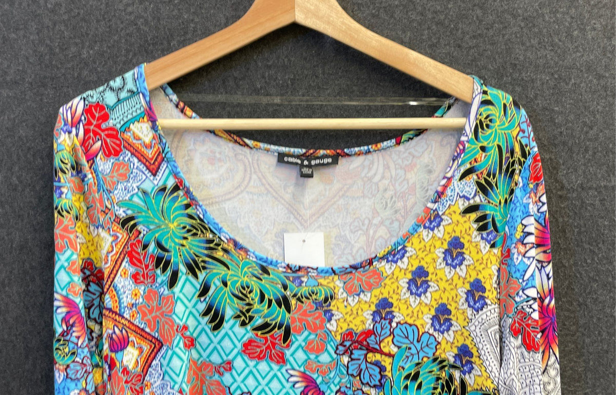 Cable & Gauge Multi-Color Print High-Low Dress Semi Sheer Trim Sz XL NWT